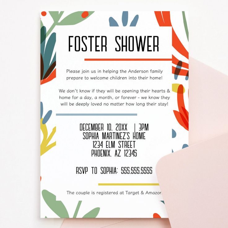 a white and orange flower themed baby shower card on top of a pink envelope with the words, fosterer shower