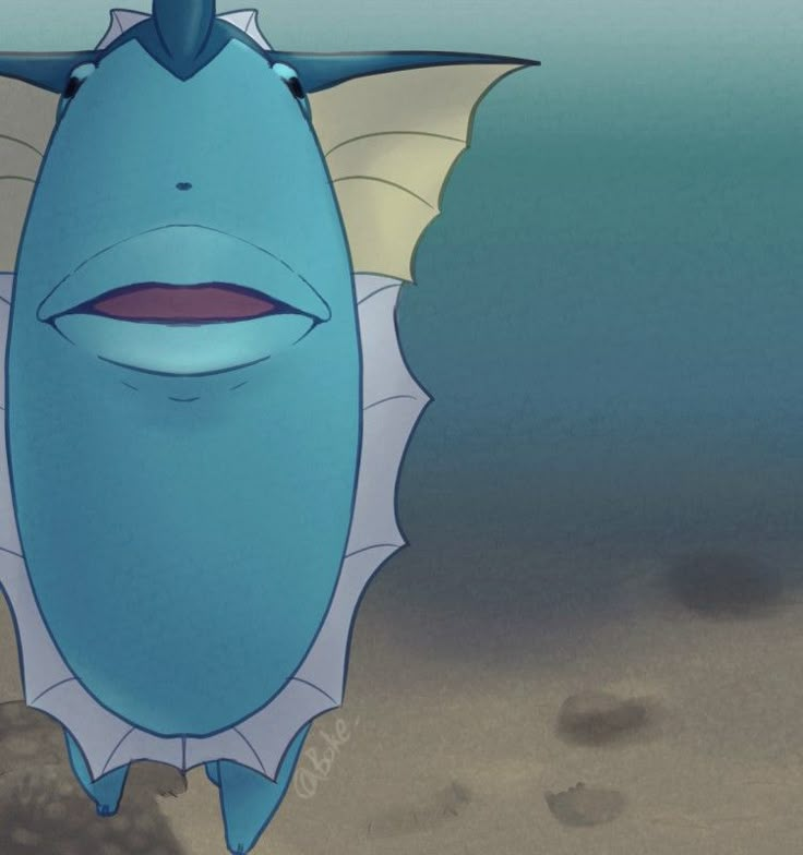 a blue creature with white wings and purple eyes is standing in the sand, looking at the camera