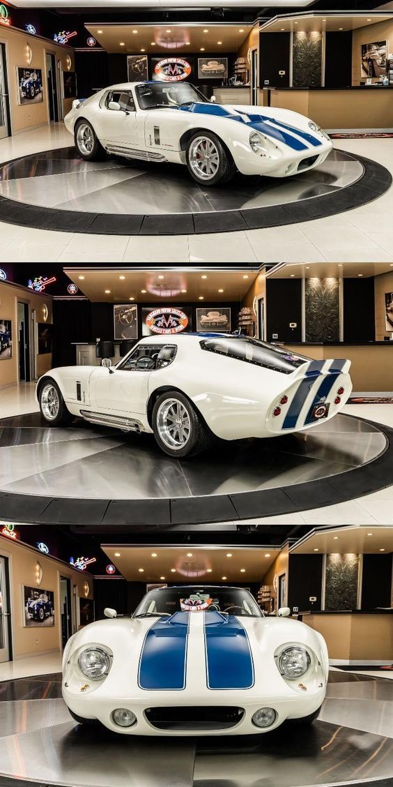 three photographs of the same sports car in different stages of being displayed at a museum