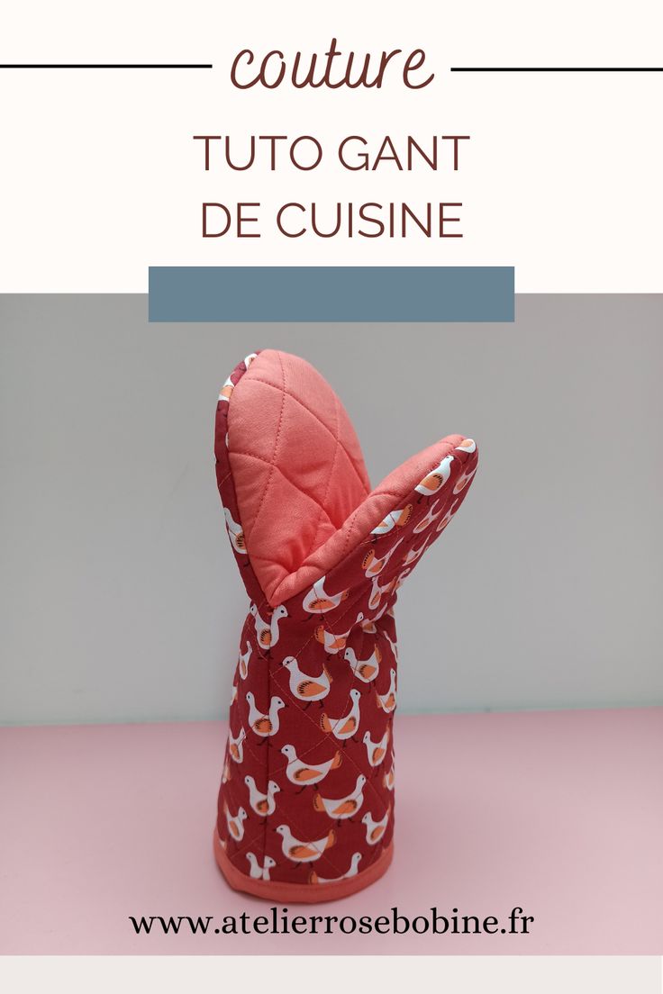 a stuffed animal sitting on top of a pink surface with the words coutre tuto gant de cuisine