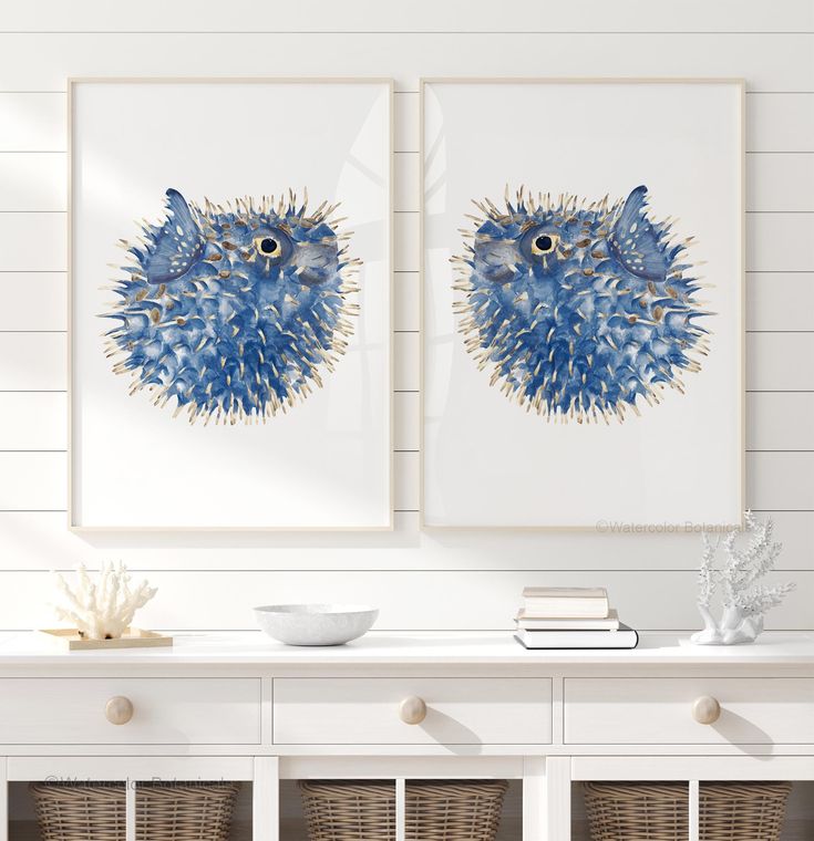 This set of 2 prints, featuring balloon fish in a rich navy blue, is perfect for beach house decor and ocean-inspired spaces--and much more. The elegant color and modern design make it a versatile addition to any room, adding a touch of coastal charm wherever it's displayed. The playful yet sophisticated depiction of the puffer fish adds character and charm to any space at home and office. Perfect for those who appreciate marine life or simply want a subtle coastal vibe, these prints are a stylish choice for creating a relaxing and unique atmosphere. Important information regarding all prints: 1. The prices can be found over on the right in the 'dimensions' drop down bar. But if you don't see the size you need there, please contact me. My printing house is able to make prints up to 30x40 i Balloon Fish, Tropical Beach Houses, Modern Minimalist Wall Art, Fish Tropical, Beach House Wall Art, Florida Condos, Rich Navy Blue, Printing House, House Wall Art