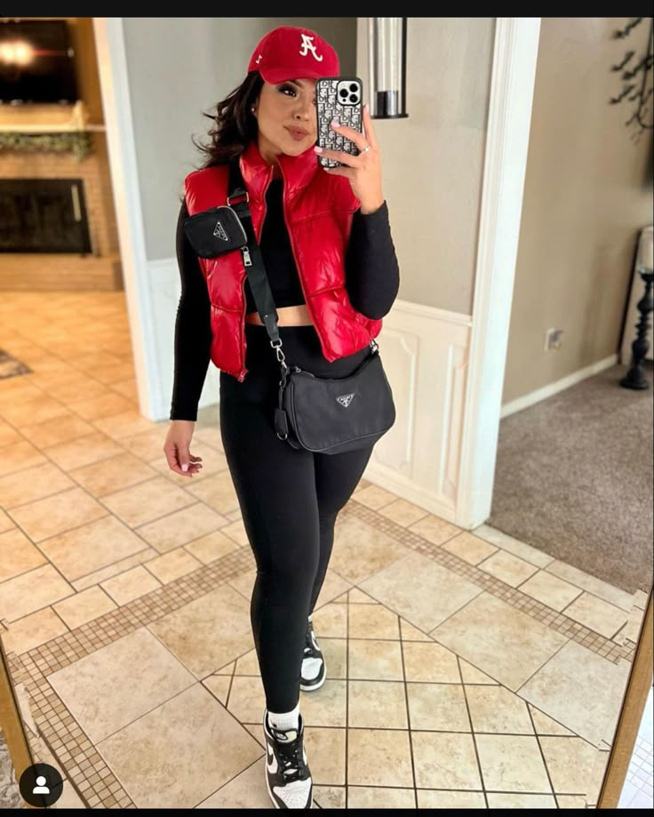 Red Puffy Vest Outfit, Puff Vest Outfits For Women, Puffy Vest Outfits For Women, Red Puffer Vest Outfit, Puff Vest Outfit, Red Vest Outfit, Puffy Vest Outfit, Nike Dunks Outfit, Basic Girl Outfit