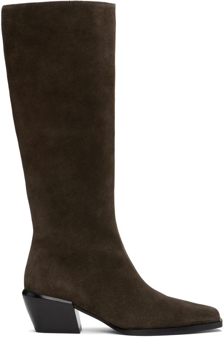 Knee-high suede boots in brown. · Pointed square toe · Stitch detailing at heel collar · Concealed elasticized gusset at collar · Zip closure at inner side · Buffed leather and suede lining · Stacked block heel with rubber injection · Leather sole · Logo-engraved silver-tone hardware · Heel: H2.25 Supplier color: Dark espresso suede Suede Boots Knee High, Silver Engraving, Rag And Bone, Boots Knee, Tall Boots, Suede Boots, Rag & Bone, Knee High Boots, Knee High