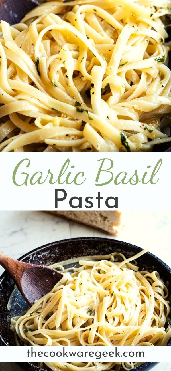 garlic basil pasta in a cast iron skillet