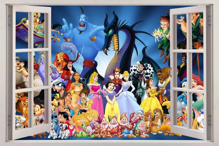 an open window with many cartoon characters on the wall and in front of it is a scene from disney's animated movie