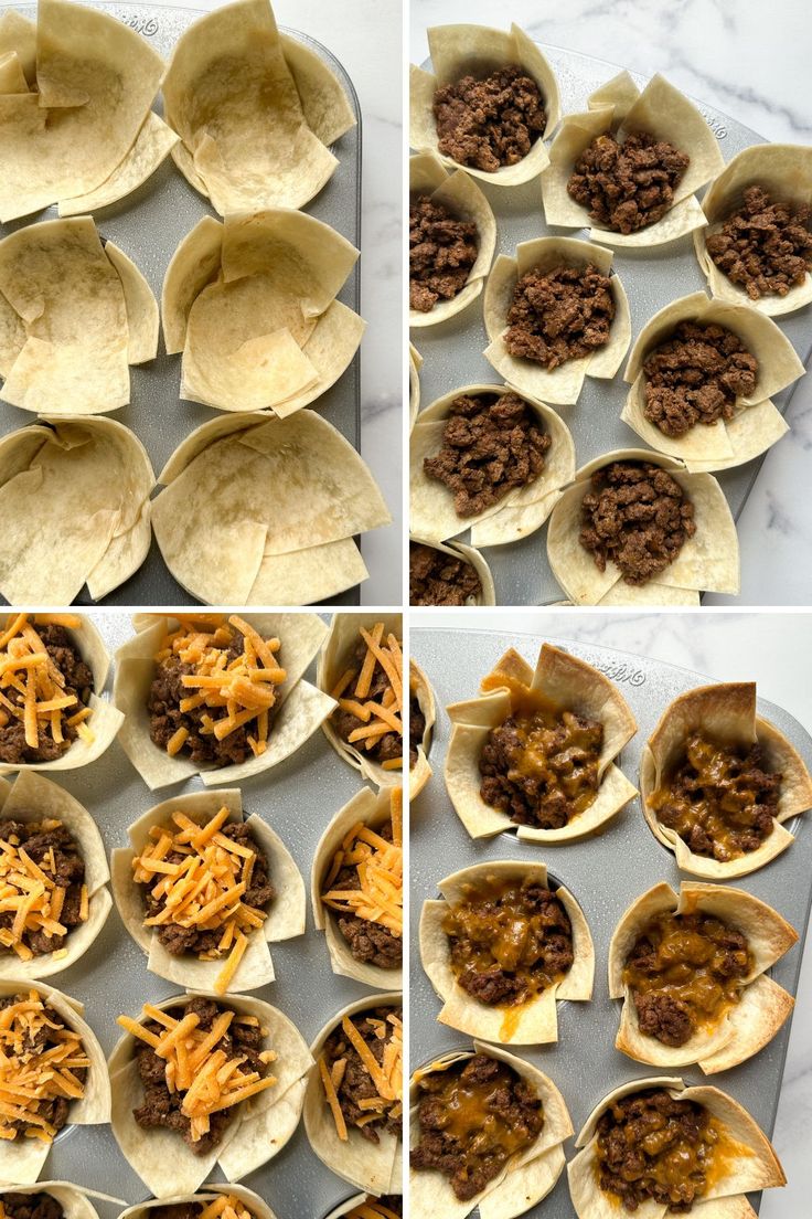 the process of making tortillas with ground beef, cheese and other toppings