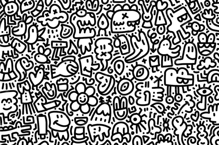 an abstract black and white background with lots of doodles