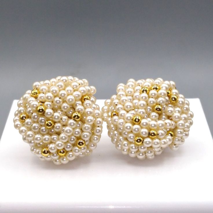 "Vintage Luxurious Knot Earrings, Beaded Studs Wedding Jewelry, White and Gold Seed Pearls Very nice condition. Gently used. 1\" diameter Size: Womens OS Condition: Pre-Owned Good"