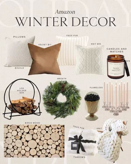 an image of winter decor with candles, pillows and other things to decorate for the holiday season