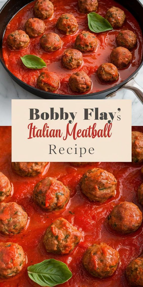 meatballs in tomato sauce with basil leaves on top and the words bobby flay's italian meatball recipe