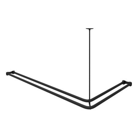 a black metal shelf with two bars on top and one bar hanging from the ceiling