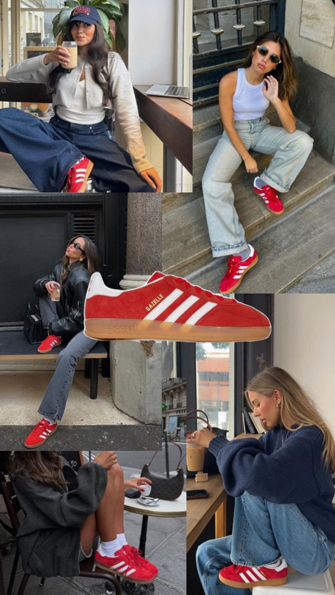 Outfit inspiration for the red adidas samba or gazelle sneakers. Red Adidas Outfit, Red Sneakers Outfit, Adidas Samba Outfit Women, Sambas Adidas Women Outfit, Red Adidas Shoes, Samba Adidas Outfit, Adidas Gazelle Outfit, Red Shoes Outfit, Adidas Samba Outfits