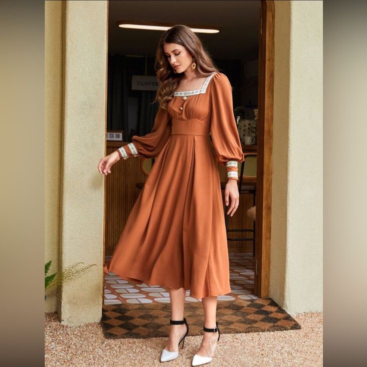 Chic Orange Square Neck Midi Dress, Orange Long Sleeve Formal Midi Dress, Formal Orange Long Sleeve Midi Dress, Orange Formal Dress For Fall, Formal Orange Dress For Fall, Chic Orange Square Neck Dress, Orange A-line Midi Dress For Evening, Elegant Orange Dress For Fall, Elegant Orange Dresses For Fall