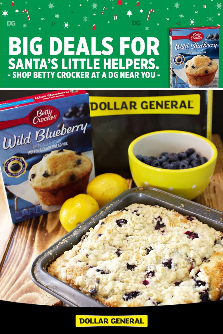 an advertisement for blueberry muffins and other items on a wooden table with the words, big deal for santa's little helpers