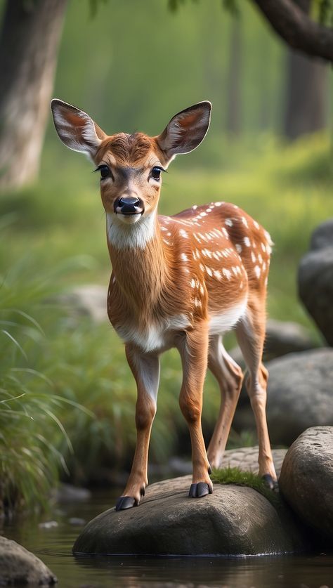 a small deer standing on top of a rock next to a body of water with grass and trees in the background