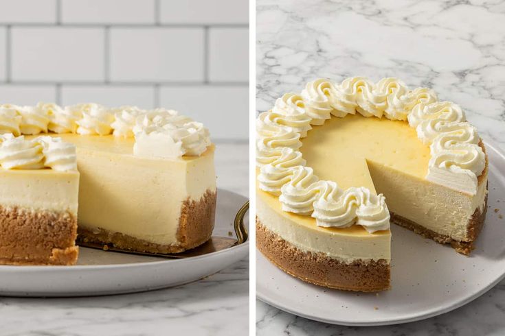 two pictures of a cheesecake on a plate with one slice cut out and the other half eaten