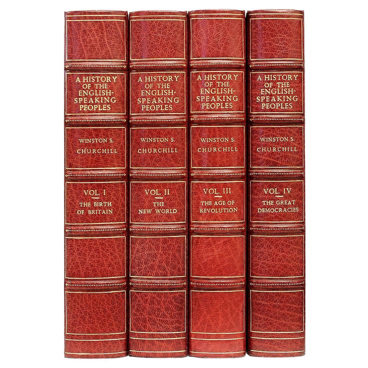 six red books with white lettering on them