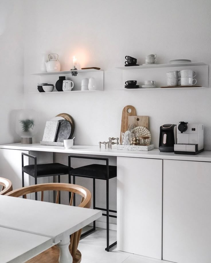 the kitchen is clean and ready to be used for breakfast or desserts, but not for dinner time