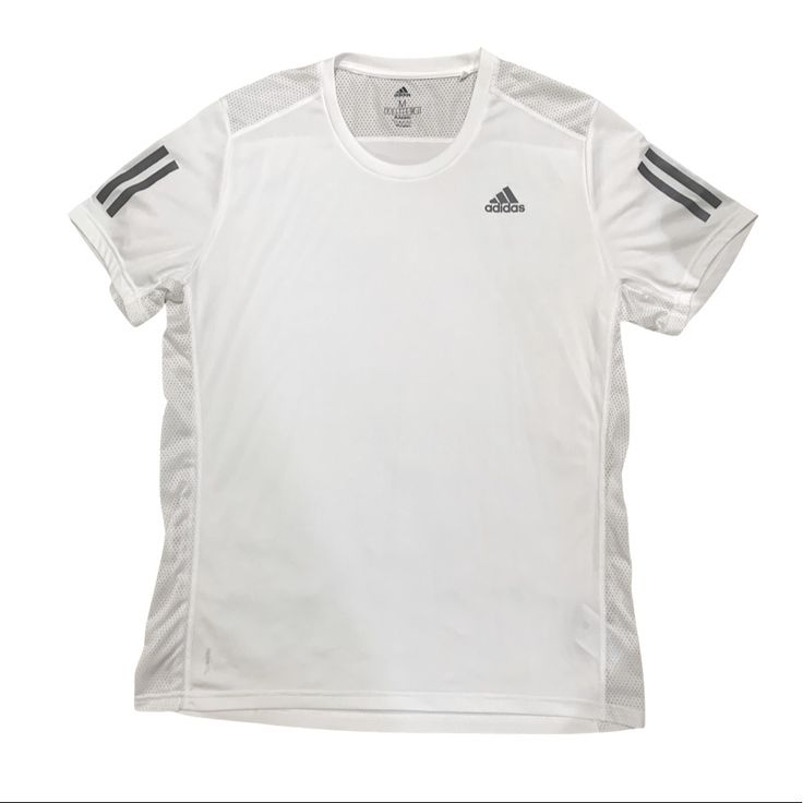 Never Worn Adidas Three Stripes Workout T-shirt, Short Sleeve Activewear With Three Stripes For Workout, Adidas Workout T-shirt Short Sleeve, White Moisture-wicking T-shirt For Running, White Adidas Workout T-shirt, Adidas Athletic Fit Short Sleeve Tops, Adidas T-shirt For Sports Season Workouts, Adidas Breathable Short Sleeve T-shirt, Adidas Athletic Fit Short Sleeve T-shirt