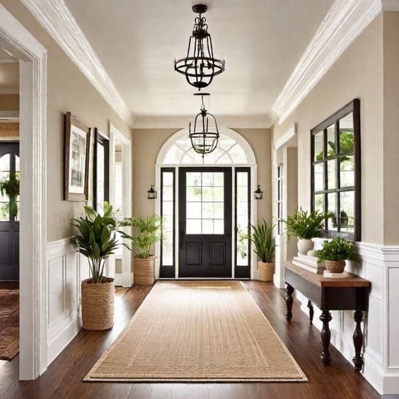 an entryway with potted plants on either side and a door way leading to another room