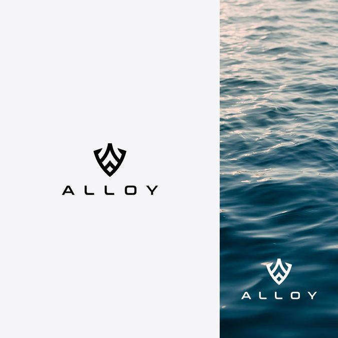 the logo for an alloy brand is shown in front of water and above it are two