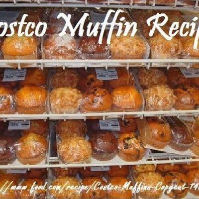 there are many muffins on the shelves in this bakery display case with words that read, costo muffin recipe