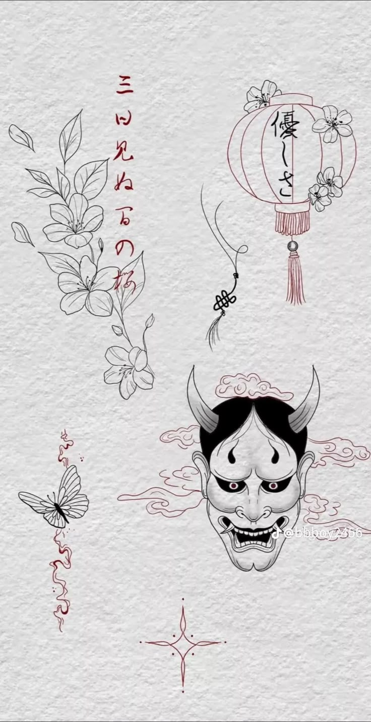 an image of chinese symbols on paper with ink and watercolor paint, including the head of a demon