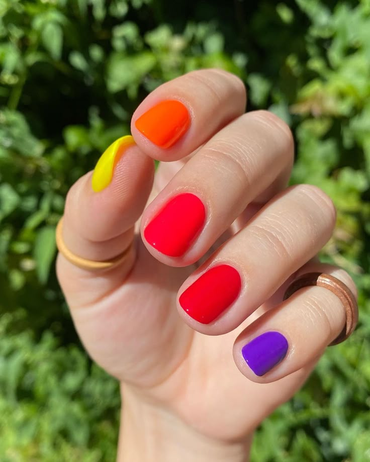 Fun Solid Nail Colors, Multicolored Nails Summer, Multi Colored Nails Summer, Short French Tips, Multicolor Nails, Colorful Collage, Multicolored Nails, Different Color Nails, Nail Color Combos