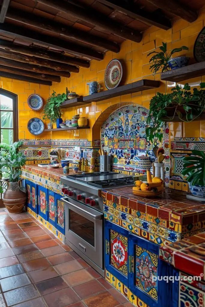 the kitchen is decorated with colorful tiles and potted plants