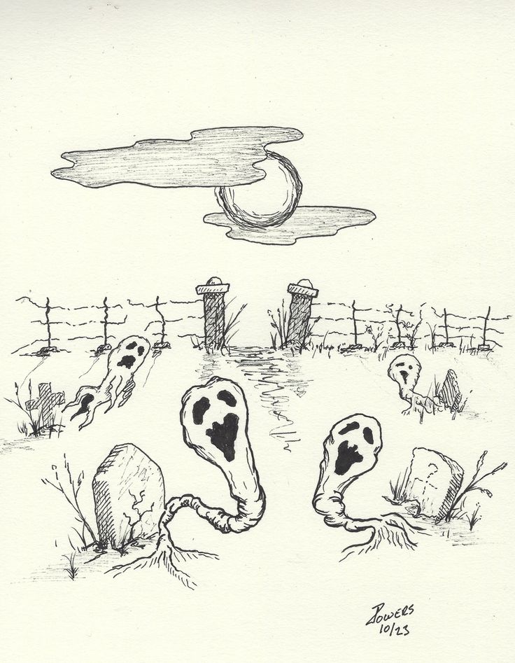 an ink drawing of some strange looking animals in the grass and fenced in area