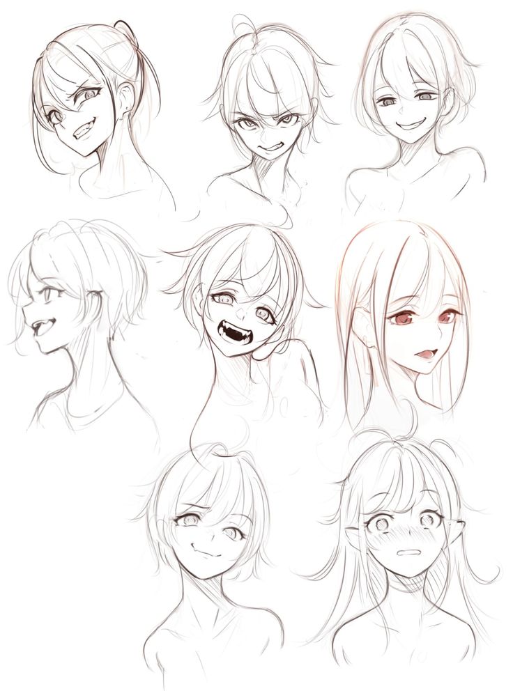 sketches of different hairs and facial expressions for an anime character's head, from the front to the back