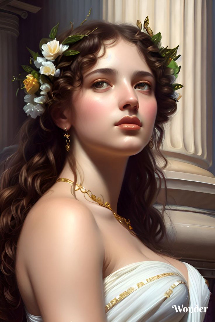 a painting of a woman with flowers in her hair wearing a white dress and gold necklace