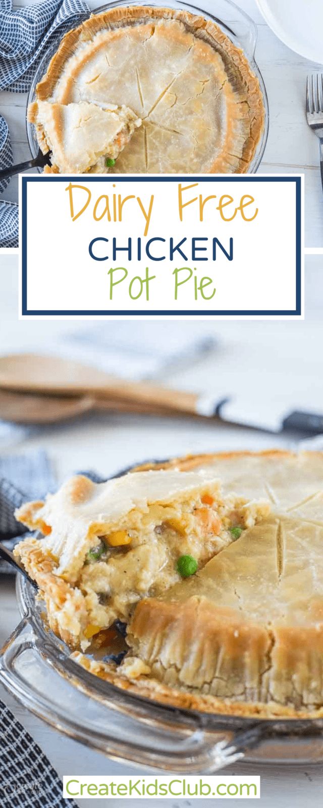 a chicken pot pie on a plate with a fork and knife next to the pie