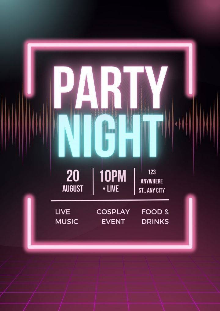 a party flyer with neon lights and sound waves