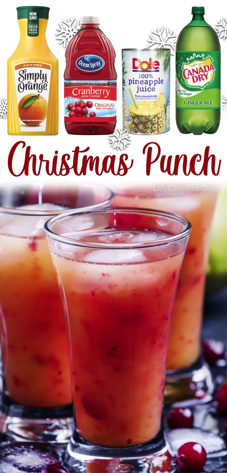 two glasses filled with liquid next to bottles of fruit juice and an advertisement for christmas punch