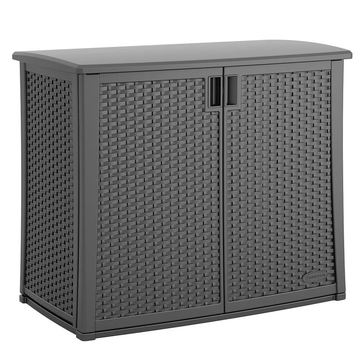 an outdoor storage cabinet with doors on the front and side, in grey color scheme