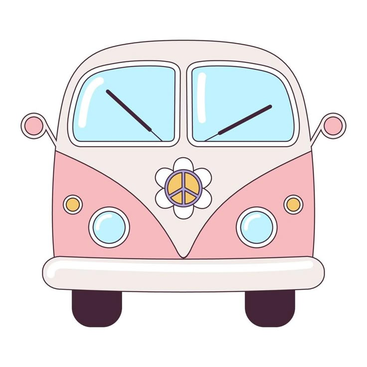 a pink and white vw bus with a peace sign on it's side