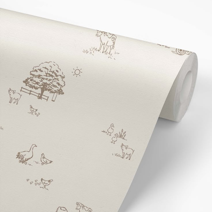 a white wallpaper with animals and trees on it's side, in front of a white background