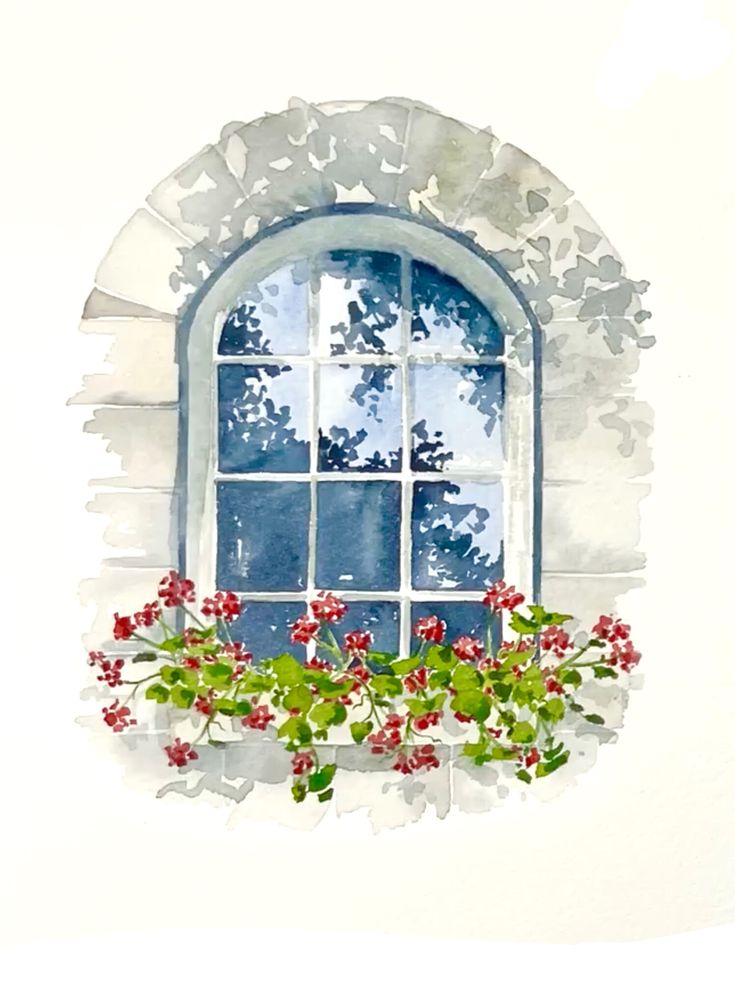 watercolor painting of an open window with red and green flowers in the window sill