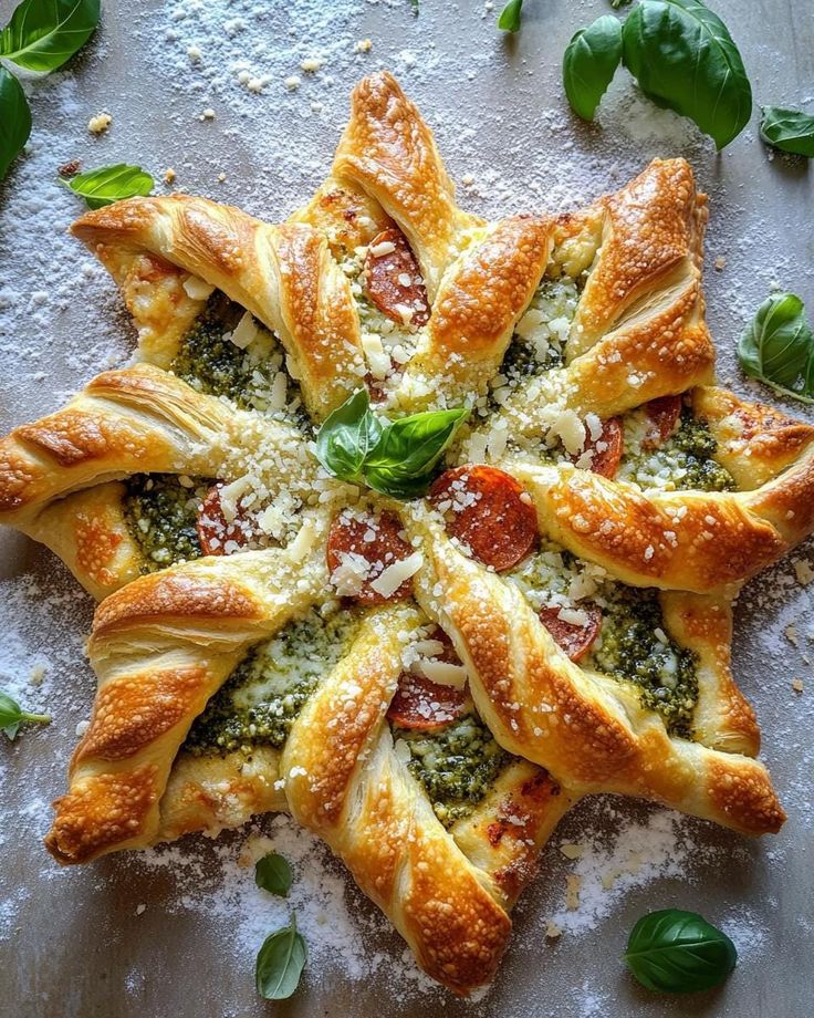 a pastry with spinach and cheese in the shape of a star on a table