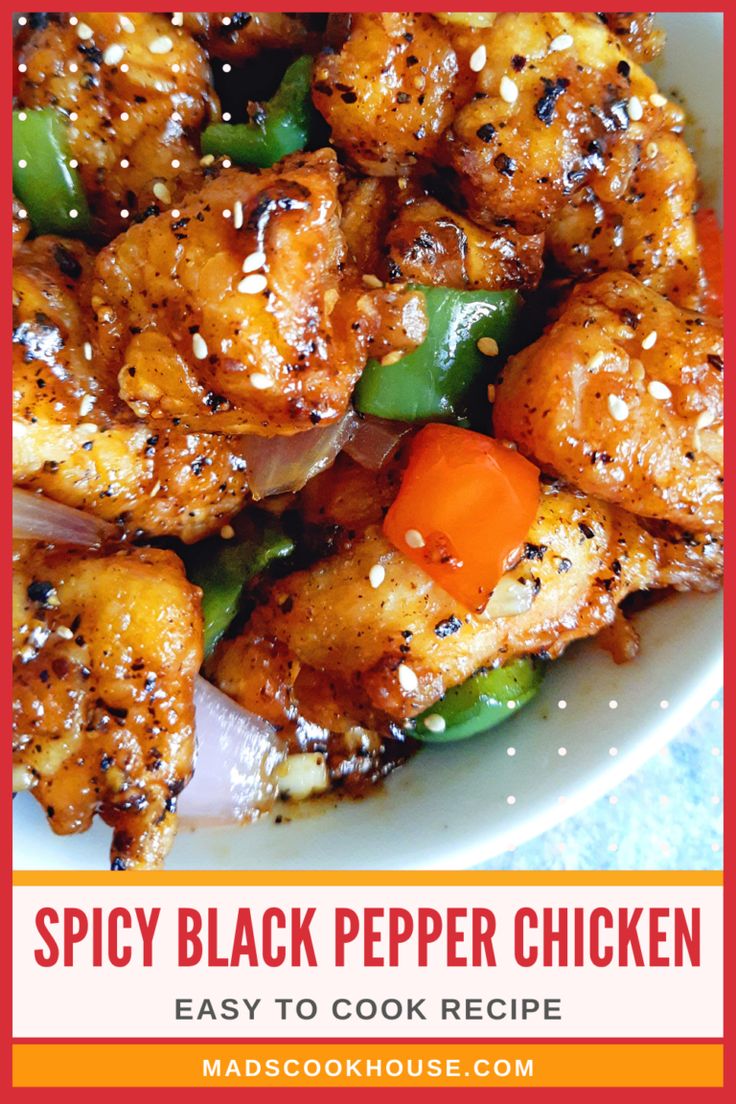 the recipe for spicy black pepper chicken is in a white bowl