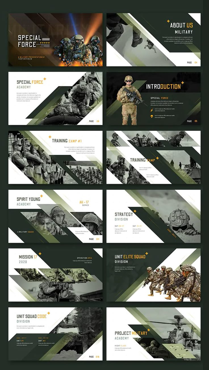 Special Force - PowerPoint Template. 30 unique slides Army Graphic Design, Military Powerpoint, Best Presentation Templates, Army Design, Ppt Ideas, Ui Design Principles, Powerpoint Ideas, Powerpoint Slide Designs, Presentation Design Layout