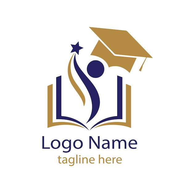 a book with a graduation cap on top and stars above it, logo design for school