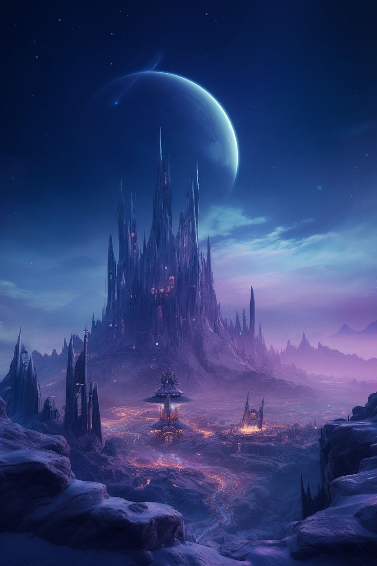 an alien landscape with a castle in the middle and some lights on at night time