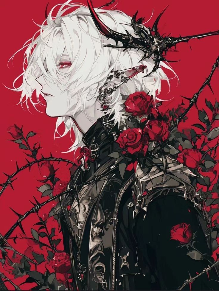 an anime character with white hair and red roses on her head, standing in front of a