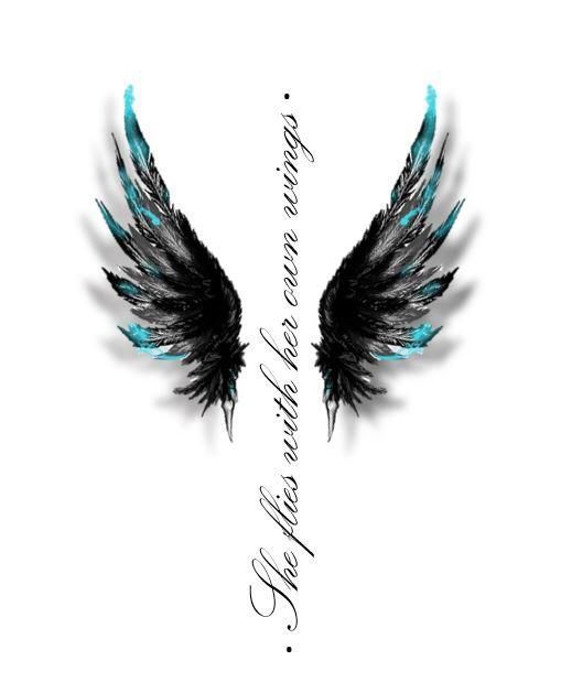 two black and blue wings with the words, we are all angels