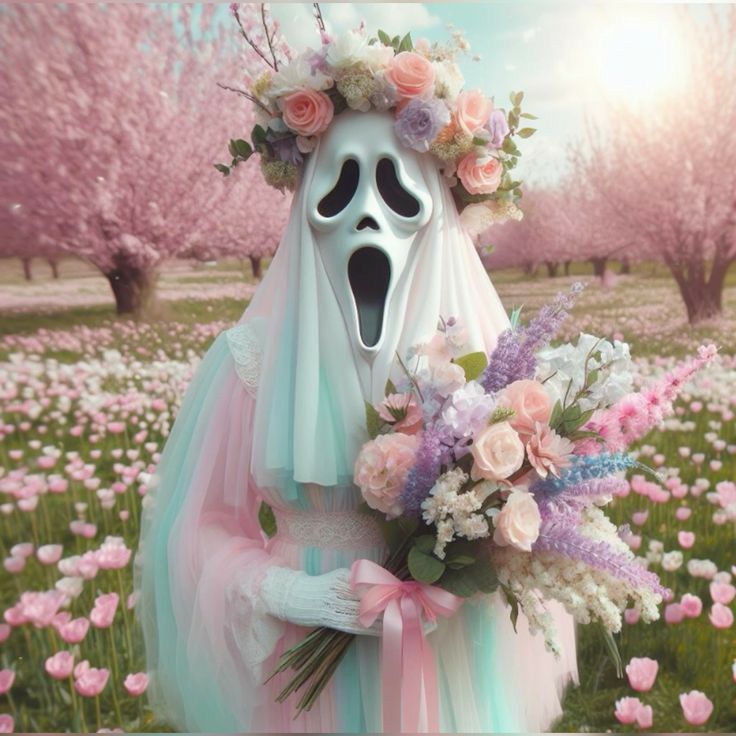 a person wearing a ghost mask holding a bouquet of flowers in front of pink and white flowers