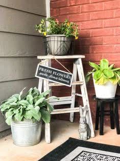 two potted plants sitting on top of a wooden step ladder next to a black and white rug