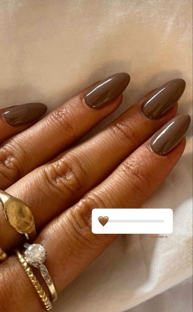 Black And Brown Almond Nails, Nail Ideas Solid Colors Winter, Brown Autumnal Nails, Mocha Nails Acrylic Almond, Solid Colored Acrylic Nails, Fall 2024 Acrylic Nails, Brown Round Acrylic Nails, Light Brown Nails Almond, Plain Almond Nails Simple