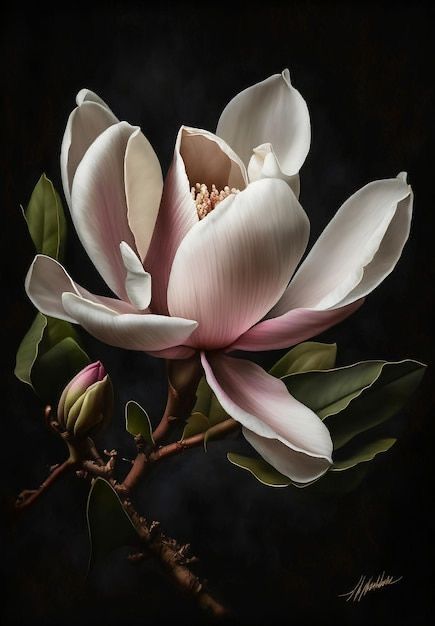 a large white flower with green leaves on a branch in front of a dark background